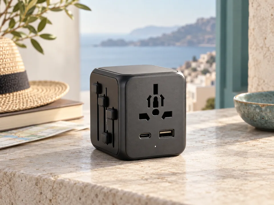 Ilustración editorial original de un adaptador universal de enchufe con puertos USB