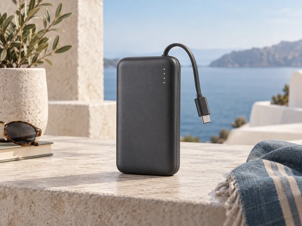 Ilustración editorial original de una batería externa compacta con cable USB-C